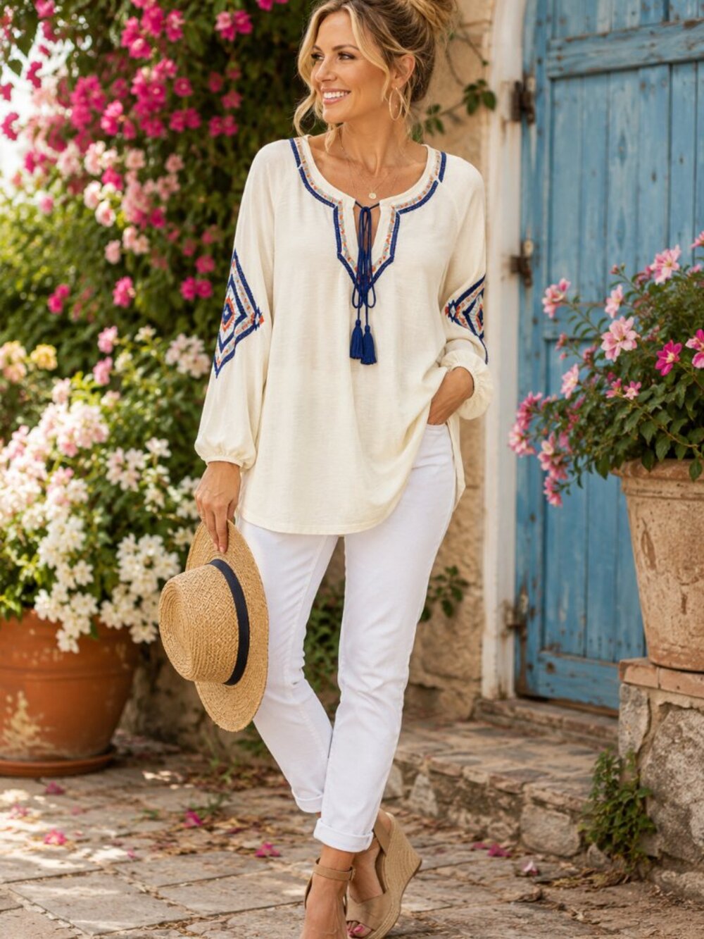 Boho Embroidered Peasant Tunic Top Off White Blue Tie Neck Balloon Sleeve Size S